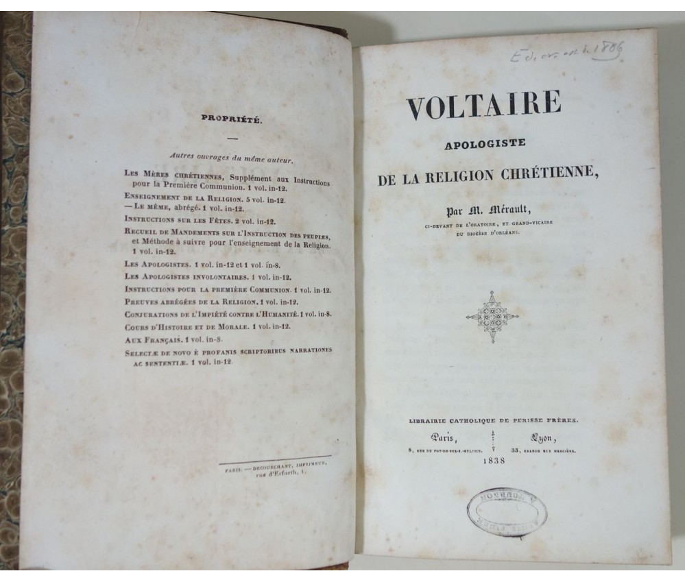 VOLTAIRE, Apologiste de la Religion Chrétienne par MERAULT