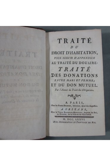 M. POTHIER - Traité du Droit d'Habitation - 1776 - DROIT - Appendice - Douaire